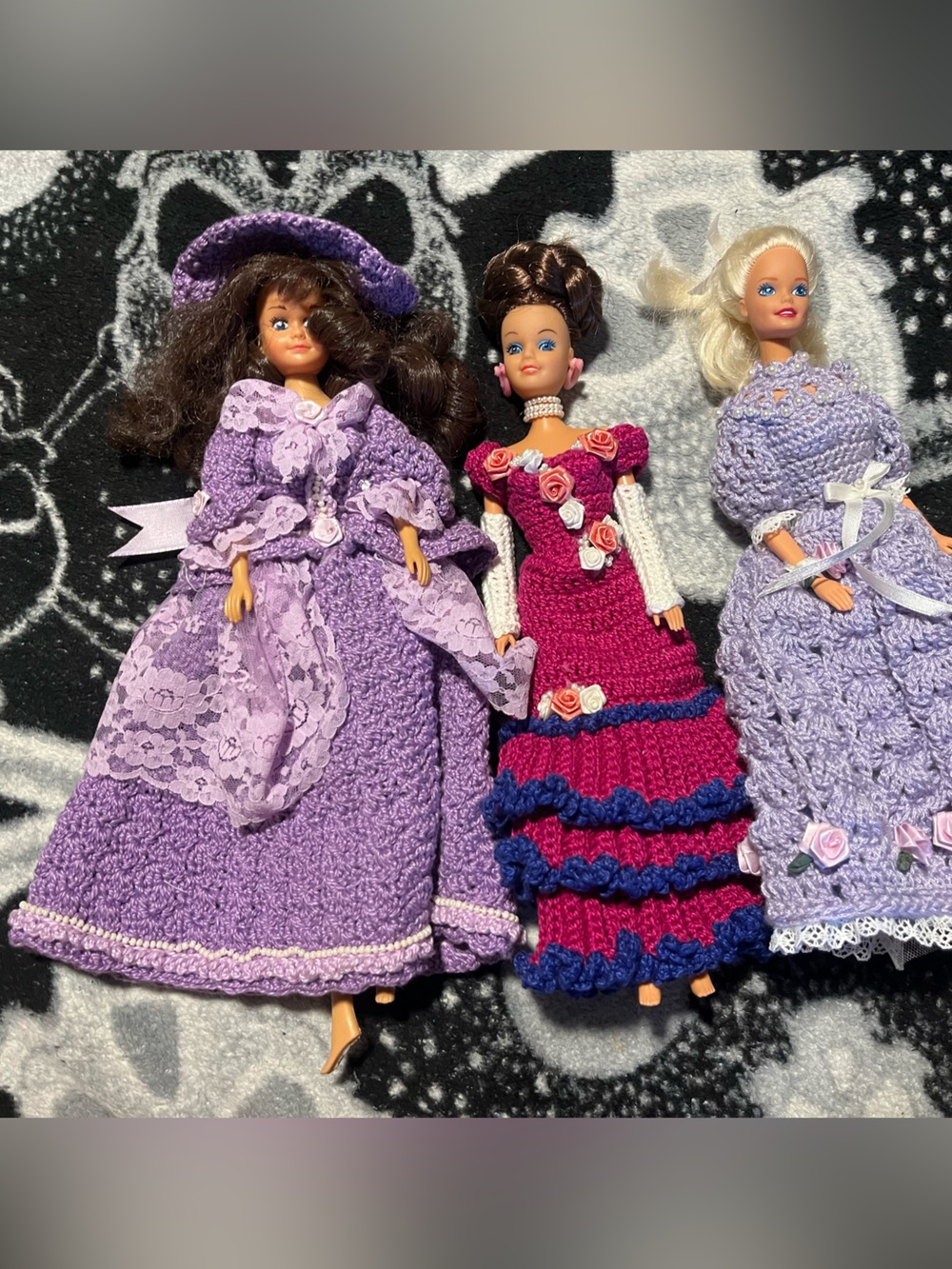 Vintage 90s Fashion Doll Lot of 3 in Hand Crocheted Ball Gowns Southern Belles